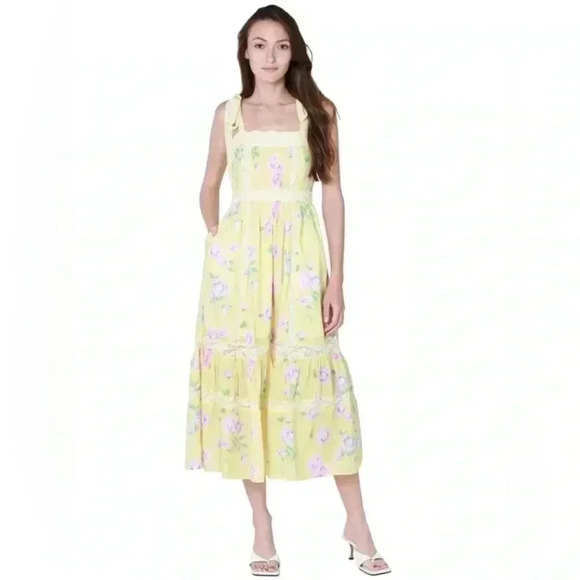 NWT LOVESHACKFANCY Ayala Floral Tiered Midi Dress Bright Azalea Yellow 2 - Picture 3 of 5